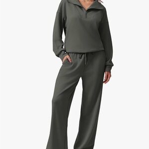 Women's Gray Quarter-Zip Pullover with wide leg pant set Large Tall